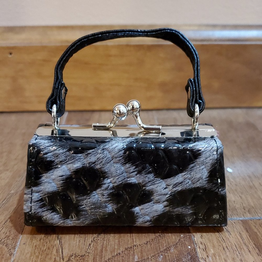 4" tic tok lipstick purse black and grey gray leopard print B8